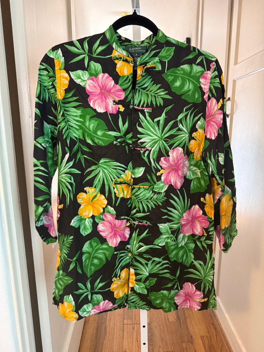 Lauren Ralph Lauren Black Top with Green Tropical Leaf & Hibiscus Print